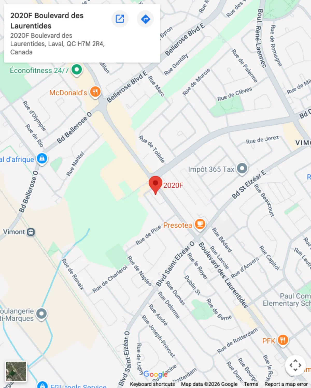 Map showing Le Chemisier's boutique location at 2020F Boulevard des Laurentides, Laval