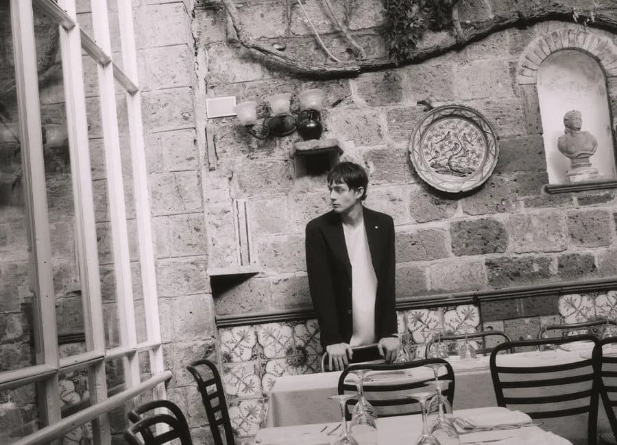 Paul Miranda Sorrento campaign — courtyard terrace in black and white