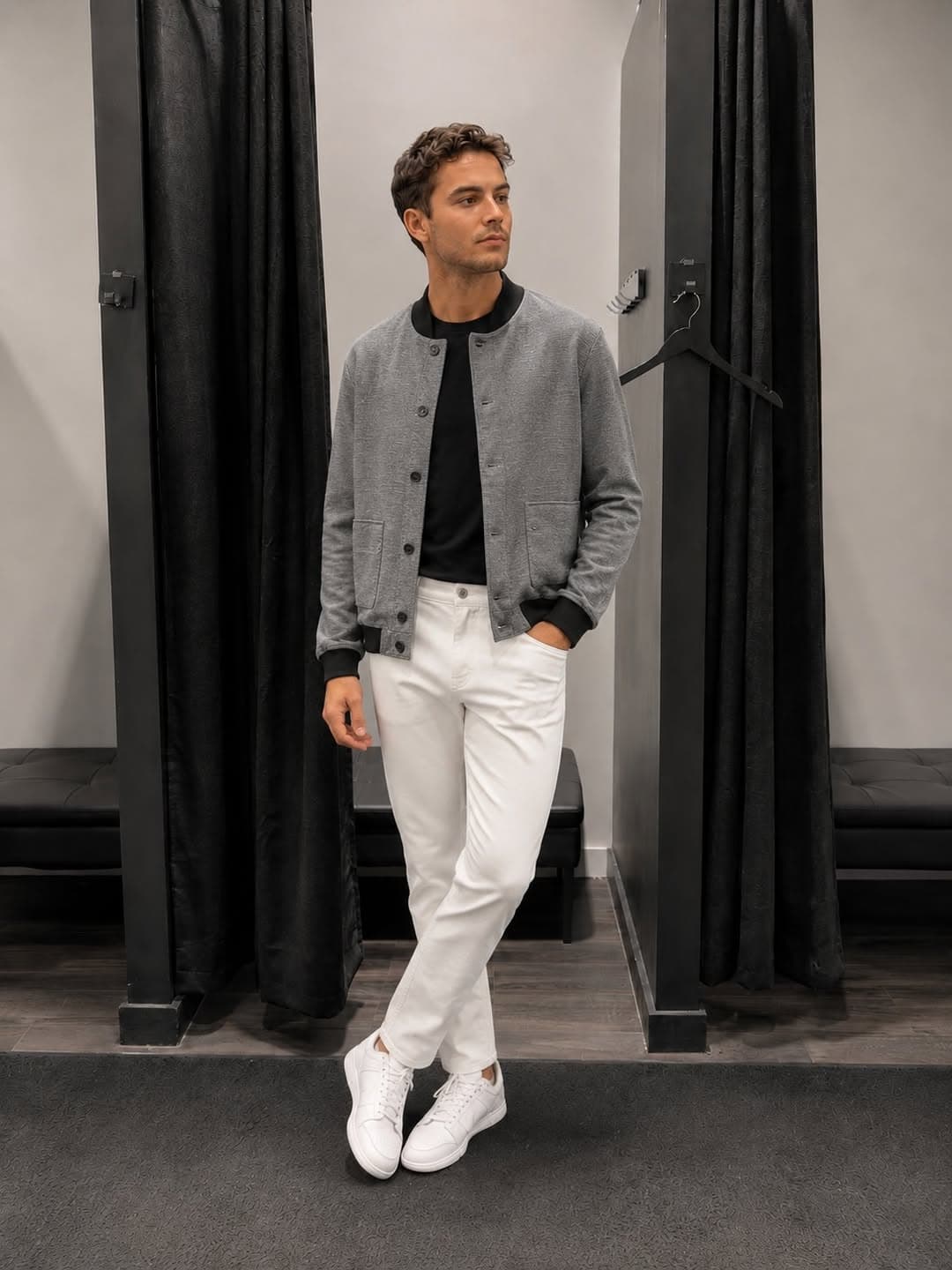 Bomber gris, denim blanc