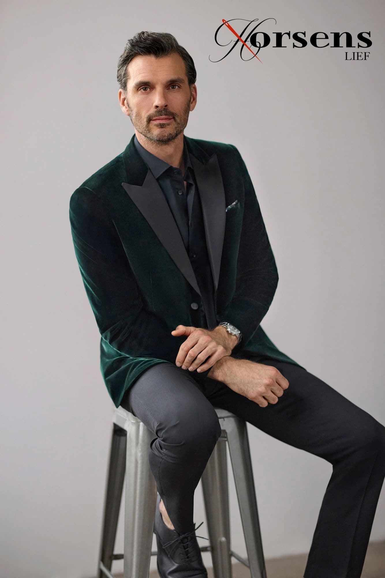 Dark green velvet dinner jacket & black shirt