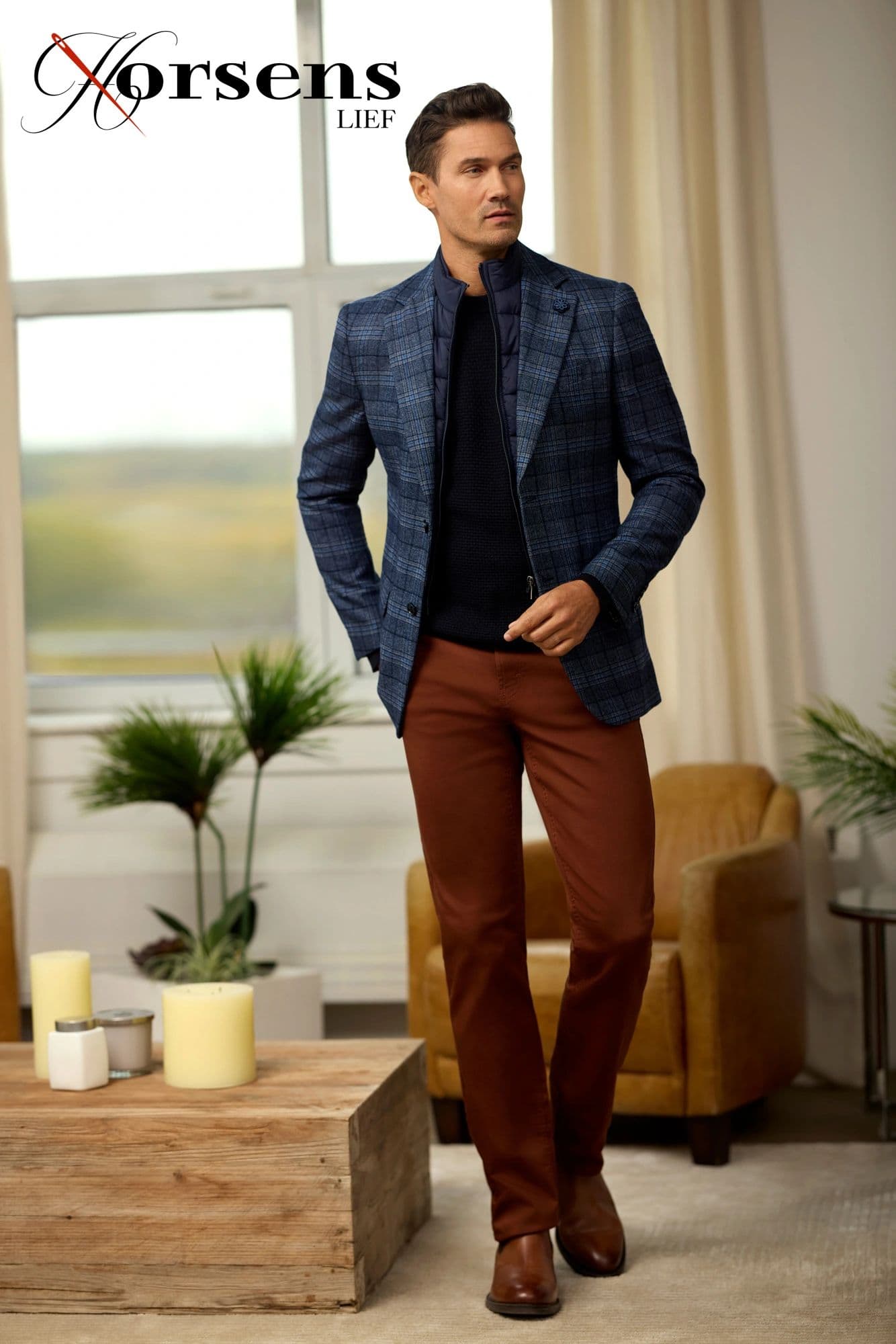 Blue check blazer & rust trousers