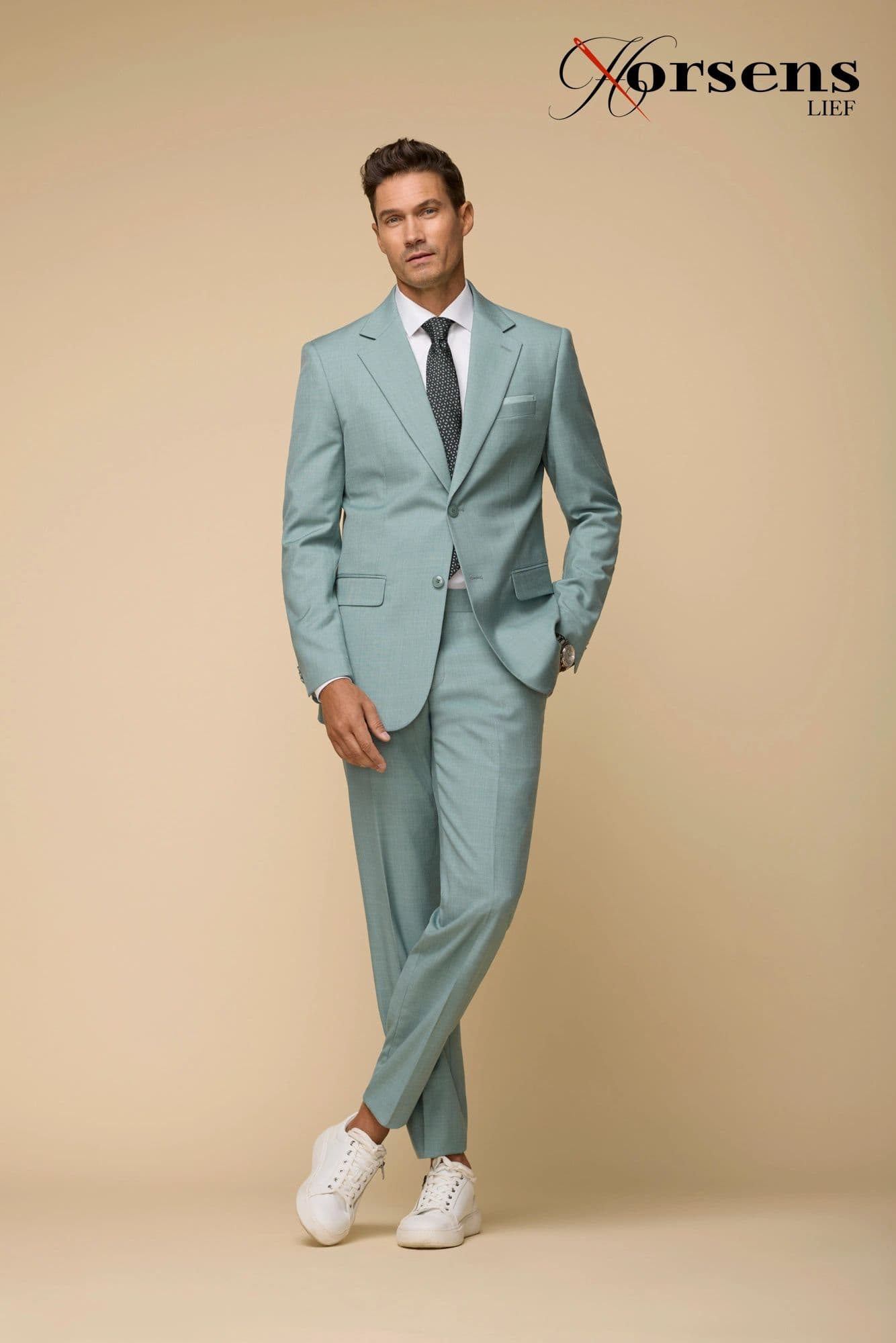 Sage green suit with white sneakers
